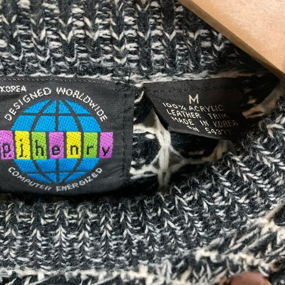 Vintage Black Cream Leather Trimmed 90s Sweater Medium - Picture 4 of 5